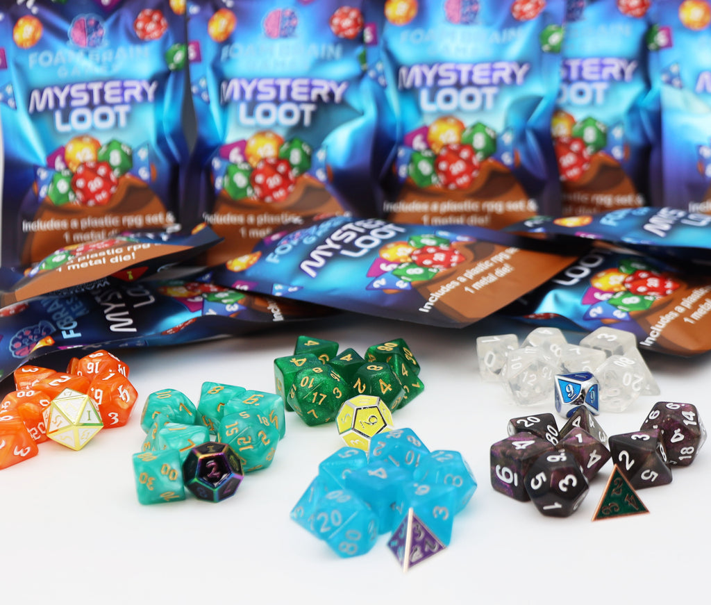 Mystery Loot: Plastic RPG Dice Set & Bonus Metal Die Plastic Dice Foam Brain Games