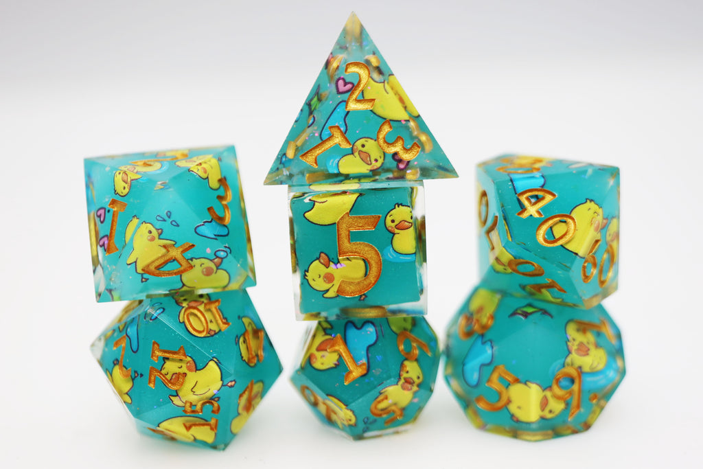 Splashing Duckies: Sharp Edge Decal RPG Dice Set Plastic Dice Foam Brain Games