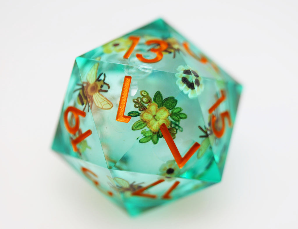 33mm Sharp Edge Liquid Core D20 - Almond Blossoms Plastic Dice Foam Brain Games