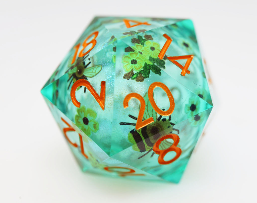 33mm Sharp Edge Liquid Core D20 - Almond Blossoms Plastic Dice Foam Brain Games