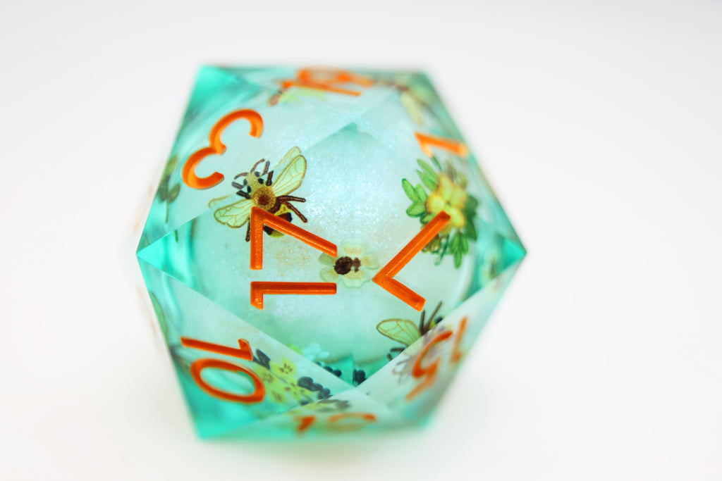 33mm Sharp Edge Liquid Core D20 - Almond Blossoms Plastic Dice Foam Brain Games