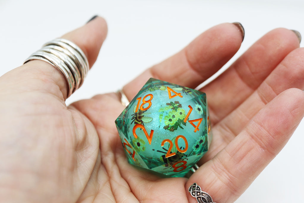 33mm Sharp Edge Liquid Core D20 - Almond Blossoms Plastic Dice Foam Brain Games