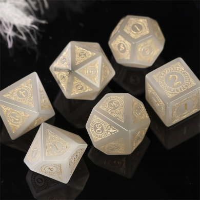 Cat's Eye White with Runes - Gemstone Engraved with Gold Stone Dice Foam Brain Games