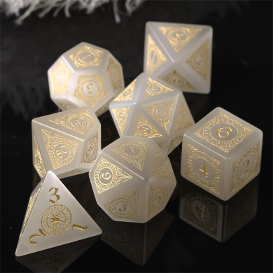 Cat's Eye White with Runes - Gemstone Engraved with Gold Stone Dice Foam Brain Games